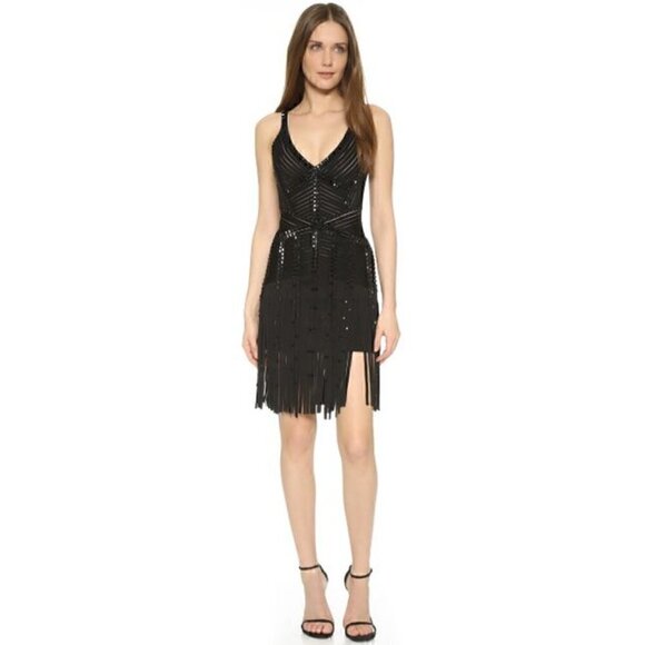 đź’•herve Leger Jadelyn Black Beaded Fringe Cocktail Dress. - Picture 2 of 10